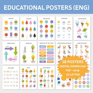 Educational Posters for Kids – 18 Printable PDF Posters. Preschool, Kindergarten, Homeschooling, Classroom Wall Decor, English Learning Set.