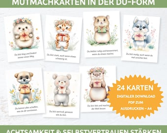 May include: A set of 24 affirmation cards for children, featuring watercolor illustrations of cute animals holding gifts. The cards have positive affirmations in German, with text in a variety of fonts. The cards are designed to build self-esteem.