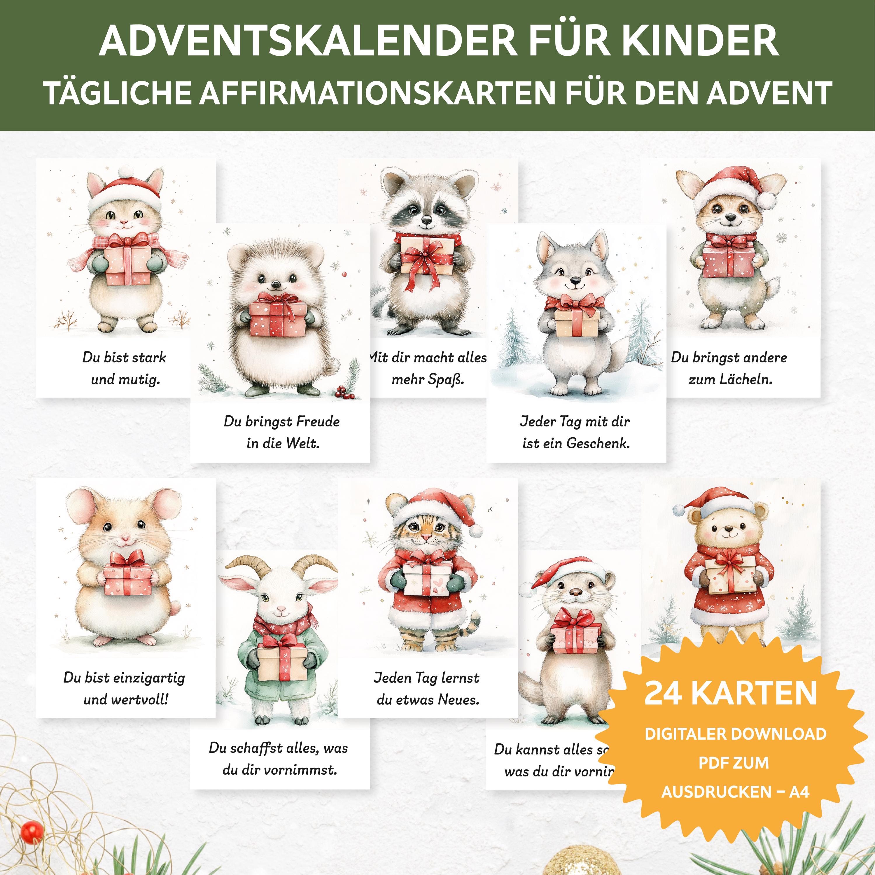 Advent calendar for children. 24 daily affirmation cards for children. Advent calendar crafts. Advent calendar ideas. Children's Christmas.