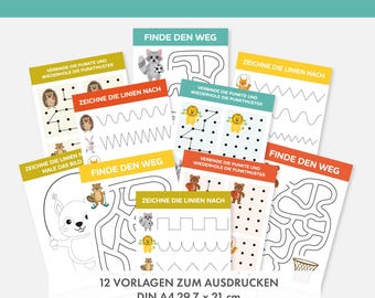 Può includere: Un set di 12 fogli di lavoro stampabili per bambini per esercitarsi nelle capacità motorie fini. I fogli di lavoro presentano varie attività come unire i punti, tracciare linee e trovare la strada attraverso i labirinti. I fogli di lavoro sono progettati per bambini di età compresa tra 3 e 5 anni e sono perfetti per l'asilo e la scuola materna.