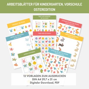 Puede incluir: Doce hojas de trabajo imprimibles para jardín de infantes y preescolar con actividades de temática de Pascua. Las hojas de trabajo incluyen actividades como encontrar imágenes coincidentes, completar un Sudoku y contar objetos.