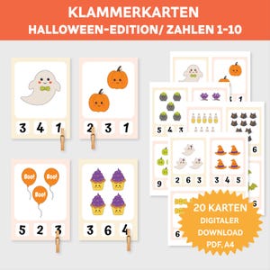 Klammerkarten. Zahlen lernen 1-10. Halloween Zählkarten. Zählen 1-10. Montessori Klammerkarten. Lernkarten Vorlage. Vorschulvorlagen Mathe.