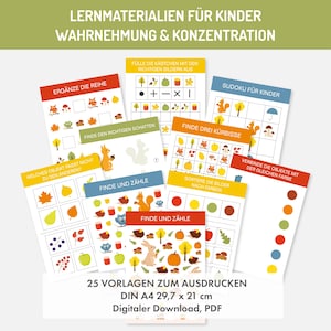May include: A set of 25 printable worksheets for kids featuring autumn-themed activities like finding the right shadow, counting objects, and completing a Sudoku puzzle. The worksheets are designed to help children develop their perception and concentration skills. The text on the page reads "Lernmaterialien für Kinder Wahrnehmung & Konzentration" and "25 Vorlagen zum Ausdrucken DIN A4 29,7 x 21 cm Digitaler Download, PDF".
