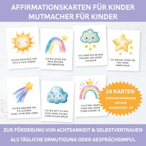 Affirmation cards for children. 24 affirmations for children in PDF format. Positive beliefs. Encouraging cards to print. Mindfulness for children in PDF format.