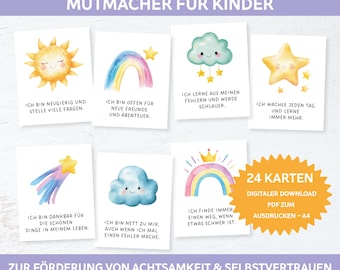 May include: A set of 8 affirmation cards for children, featuring watercolor illustrations of a sun, rainbow, cloud, and stars. Each card has a positive affirmation in German. The set includes 24 cards as a digital PDF download.