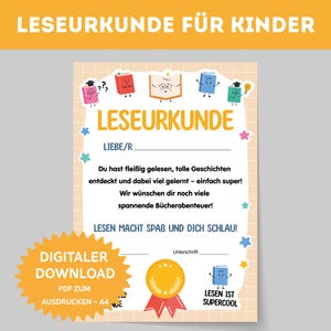 Leseurkunde, Urkunde für Kinder - PDF. Urkunde fürs Vorlesen und Vorlesewettbewerb. Lesemotivation. Kinderurkunde. Urkunde zum Zeugnis.