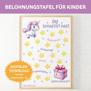 Belohnungstafel für Kinder mit Einhorn PDF zum Ausdrucken. Belohnungsplan für Mädchen. Töpfchentraining. Verstärkerplan Geschenk Einschulung