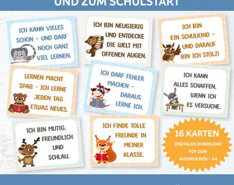 May include: A set of 16 affirmation cards for children, featuring colorful illustrations of animals and positive messages in German. The cards are designed as a digital download for printing, with text in a variety of fonts.