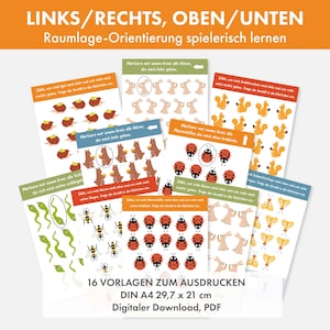 Puede incluir: Un conjunto de 16 hojas de trabajo imprimibles para que los niños aprendan sobre la orientación espacial. Las hojas de trabajo presentan ilustraciones coloridas de animales y objetos, y les piden a los niños que circulen aquellos que están mirando hacia la izquierda, la derecha, arriba o abajo. El texto en las hojas de trabajo está en alemán. Las hojas de trabajo están diseñadas para que los niños aprendan sobre la orientación espacial de una manera divertida y atractiva.