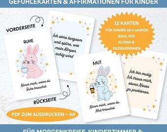 May include: A set of affirmation cards for children with German text and cartoon bunny illustrations. The cards are designed for use in morning circles, children's rooms, and short breaks. The cards are available as a PDF. The cards are A4 size.