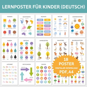 Peut inclure: Ensemble de 18 affiches éducatives en allemand pour enfants, avec des formes, des continents, des mois, la météo, le système solaire, les couleurs, les sentiments, les saisons, les animaux de la forêt, les animaux de la ferme, l'alphabet, les directions et les chiffres. Téléchargement numérique PDF, A4.