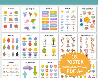May include: A set of 18 educational posters in German for children, featuring shapes, continents, months, weather, the solar system, colors, feelings, seasons, forest animals, farm animals, the alphabet, directions, and numbers. Includes a digital download in PDF and A4 format.