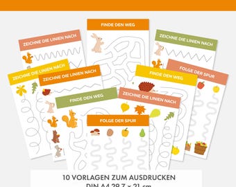 May include: Ten printable worksheets for kids featuring autumn-themed activities like tracing lines, following paths, and finding the way through mazes. The worksheets feature cute animal illustrations and the text "Feinmotorik Übungen für Kinder" and "10 Vorlagen zum Ausdrucken DIN A4 29,7 x 21 cm Digitaler Download, PDF".