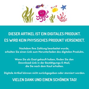 Pu&ograve; includere: Una grafica di prodotto digitale con un polpo rosa, una stella marina gialla, un granchio rosso e bianco e un pesce blu. Il testo recita: "Questo articolo &egrave; un prodotto digitale. Non verr&agrave; spedito alcun prodotto fisico. Una volta elaborato il pagamento, riceverai un link per scaricare il prodotto digitale. Se hai acquistato come ospite, troverai il link di download nell'e-mail di conferma che hai ricevuto dopo l'acquisto. Gli articoli digitali non possono essere restituiti o cancellati. Grazie e buona giornata!"