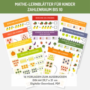 Op de afbeelding: Een set van 16 printbare rekenbladen voor kinderen met kleurrijke illustraties van fruit, groenten en andere objecten. De rekenbladen behandelen basisrekenconcepten zoals optellen, aftrekken en tellen. De tekst op de rekenbladen luidt "Mathe-Lernblätter für Kinder Zahlenraum bis 10" en "16 Vorlagen zum Ausdrucken DIN A4 29,7 x 21 cm Digitaler Download, PDF".