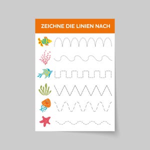 Pu&ograve; includere: Un foglio di lavoro stampabile per i bambini per esercitarsi a tracciare le linee. Il foglio di lavoro presenta una variet&agrave; di linee, tra cui linee ondulate, dritte e a zig-zag. Il foglio di lavoro include anche illustrazioni colorate di creature marine, come pesci, meduse e stelle marine. Il testo "ZEICHNE DIE LINIEN NACH" &egrave; in cima al foglio di lavoro.