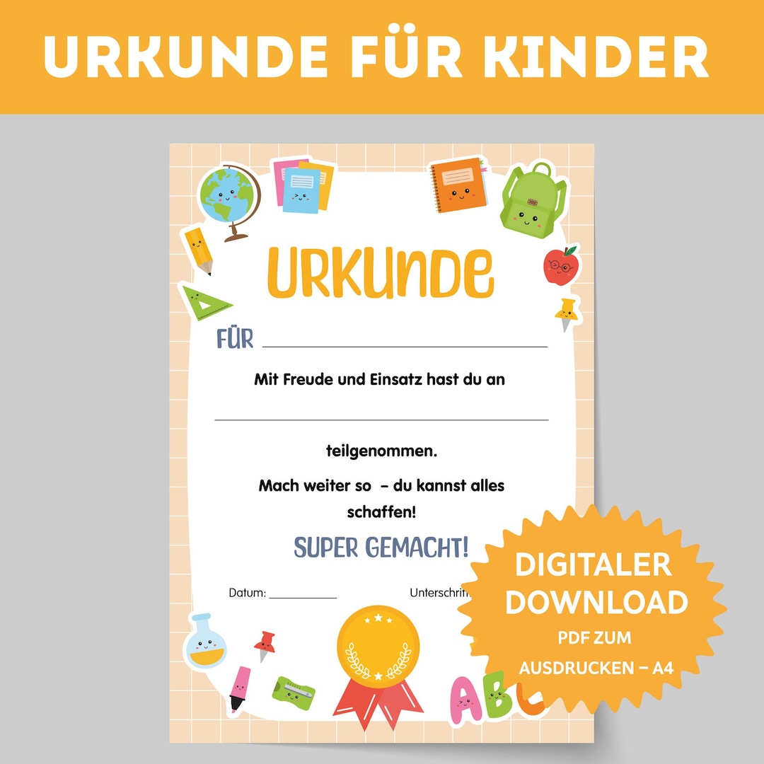Urkunde für Kinder. Teilnehmerurkunde. Urkunde Grundschule. Belohnung