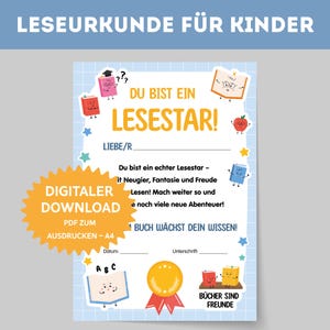 Leseurkunde, Urkunde für Kinder - PDF. Urkunde fürs Vorlesen und Vorlesewettbewerb. Lesemotivation. Kinderurkunde. Urkunde zum Zeugnis.