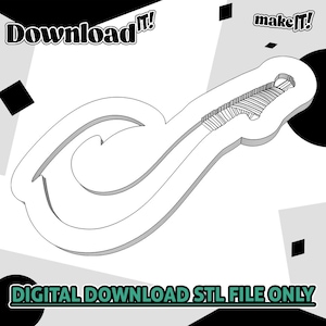 May include: A white 3D model of a hook-shaped object with the text "Download it!" and "make it!" in a stylized font. The words "DIGITAL DOWNLOAD STL FILE ONLY" are at the bottom. The background has geometric shapes.