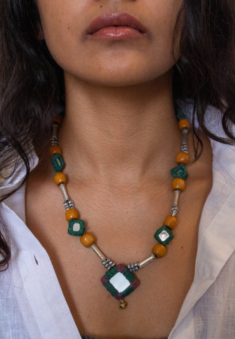 Lambani Necklace 2, Naturally Dyed, Handmade, Lambani Jewellery, Banjara Jewellery, Mirror Cowrie and Beadwork Necklace, Slow Fashion Green