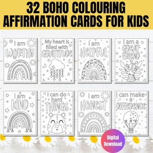 32 Printable Positive Affirmation Cards to Color for Kids, Motivational Coloring Cards for Children, Daily Encouragement Cards for Kids