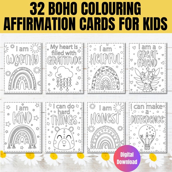 32 Printable Positive Affirmation Cards to Color for Kids, Motivational Coloring Cards for Children, Daily Encouragement Cards for Kids