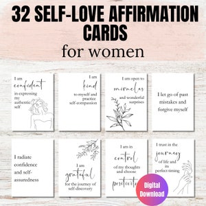 32 tarjetas de afirmación positiva para mujeres, baraja de tarjetas de afirmación imprimible, tablero de visión imprimible, tarjeta de motivación diaria, cuidado personal imprimible