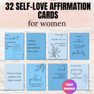 32 cartões azuis de afirmação positiva para mulheres, baralho de cartas de afirmação para impressão, quadro de visão para impressão, cartão de motivação diária, autocuidado