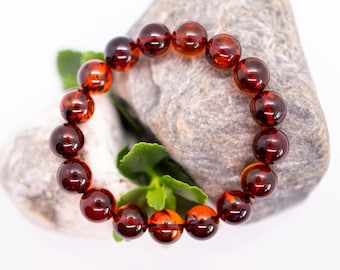 Bracciale in vera ambra baltica – 18–19 cm – Perle rotonde naturali – Gioielli unisex fatti a mano