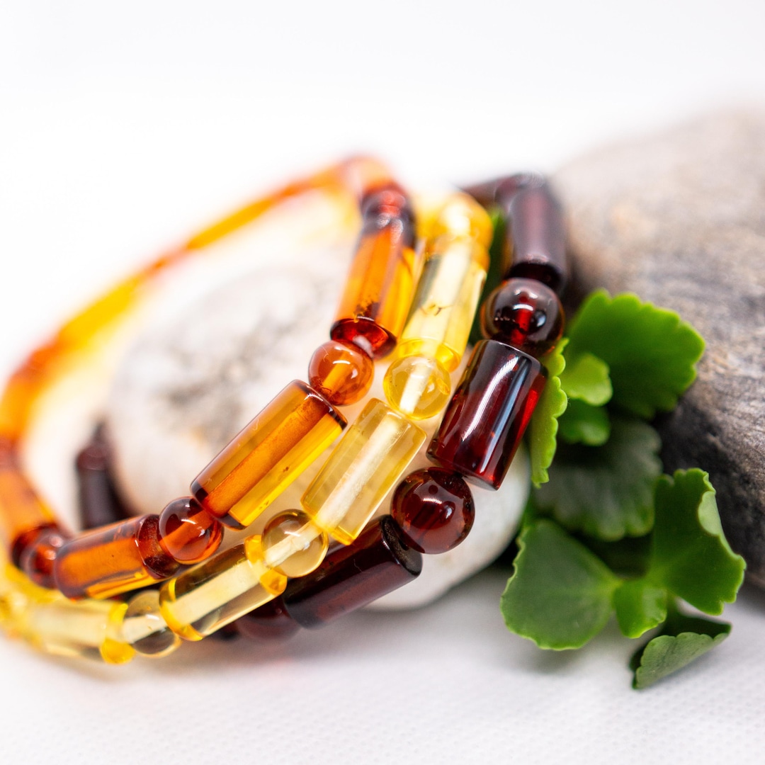 Bracelet En Ambre Baltique Naturel - Perles Rondes - Élastique - Neuf - Cadeau