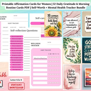 Tarjetas de Afirmaciones Imprimibles para Mujeres / 52 Tarjetas de Gratitud Diaria y Rutina Matutina (PDF) / Paquete de Seguimiento de Autoestima y Salud Mental