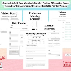 Bundel met werkboek dankbaarheid en zelfzorg | Kaarten voor positieve bevestiging, Vision Board-kit, Journaling-prompts | Afdrukbare pdf voor vrouwen