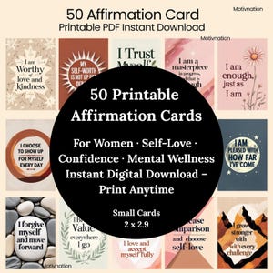 Positive Affirmation Cards for Women | 50 Self-Love & Confidence Quotes | Printable Mental Health Deck | Digital Motivation PDF