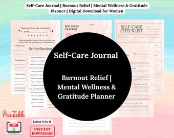 Pode incluir: Um diário de autocuidado para download digital com um design rosa e branco. O diário inclui seções para gratidão, autorreflexão e um rastreador de bem-estar. O texto na imagem diz "Self-Care Journal | Burnout Relief | Mental Wellness & Gratitude Planner".