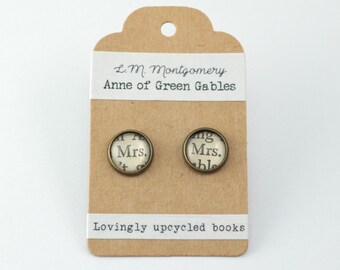 Anne of Green Gables "Mrs"  Upcycled Real Book Page Stud Earrings - Best Friend Gift, Literary Jewellery