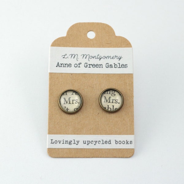 Anne of Green Gables "Mrs"  Upcycled Real Book Page Stud Earrings - Best Friend Gift, Literary Jewellery