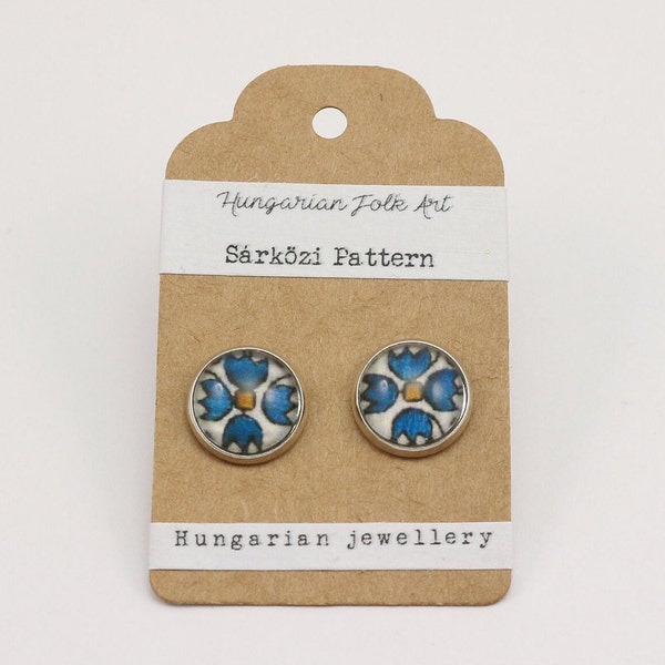 Hungarian Blue Tulip-Pedal Flower Stud Earrings - Sárközi Folk Motif - Hungarian Folk Art Earrings, Blue Flower Folklore Jewellery