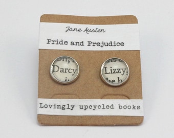 Pride and Prejudice  "Darcy and Lizzy." Book Page Glass Dome Stud Earrings - Jane Austen Earrings Literary Jewelry