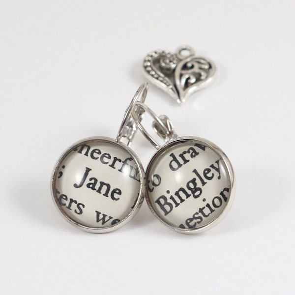 Jane Austen Pride and Prejudice "Jane and Bingley" Book Page Glass Dome Earrings - Literary Earrings, Jane Austen Jewellery