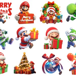 Pode incluir: Uma cole&ccedil;&atilde;o de ilustra&ccedil;&otilde;es com tema natalino com personagens de Mario e Luigi vestidos com trajes festivos. Os personagens est&atilde;o segurando presentes, enfeites e outras decora&ccedil;&otilde;es natalinas. As ilustra&ccedil;&otilde;es est&atilde;o sobre um fundo branco.