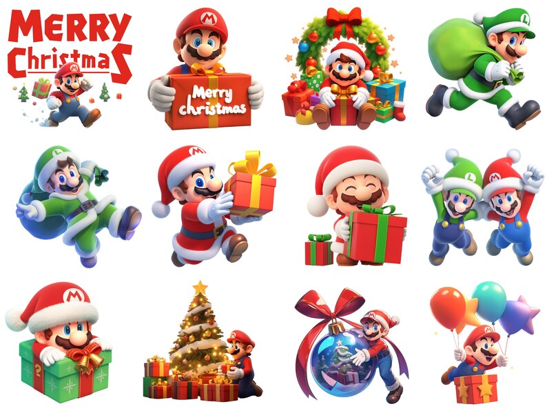 Pode incluir: Uma cole&ccedil;&atilde;o de ilustra&ccedil;&otilde;es com tema natalino com personagens de Mario e Luigi vestidos com trajes festivos. Os personagens est&atilde;o segurando presentes, enfeites e outras decora&ccedil;&otilde;es natalinas. As ilustra&ccedil;&otilde;es est&atilde;o sobre um fundo branco.