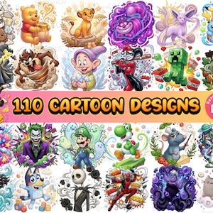 May include: An image showcasing 110 cartoon designs of popular characters. The image includes characters such as Winnie the Pooh, Batman, Harley Quinn, and Shrek. The text "110 Cartoon Designs" is displayed in a prominent position.