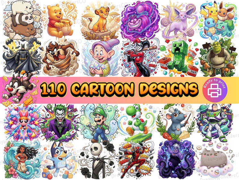 K&ouml;nnte beinhalten: Ein Bild mit 110 Cartoon-Designs beliebter Charaktere. Das Bild enth&auml;lt Charaktere wie Winnie Puuh, Batman, Harley Quinn und Shrek. Der Text "110 Cartoon Designs" ist prominent dargestellt.