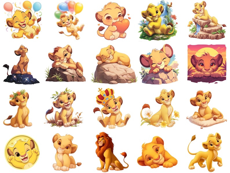 Puede incluir: Un conjunto de 20 im&aacute;genes de clipart digital que presentan varias poses de un cachorro de le&oacute;n de dibujos animados. Los cachorros de le&oacute;n se representan en diferentes entornos, incluyendo una roca, una nube y un campo de hierba. Los cachorros de le&oacute;n est&aacute;n todos sonriendo y tienen una expresi&oacute;n juguetona.