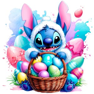 Digital cute Stitch Easter Watercolor Splash PNG Design Clipart -commercial use, instant download ,cricut, sublimation, t shirt, mug, boy