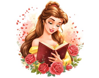 Princess Belle Reading Book PNG Clipart: Watercolor Style (Digital Download)