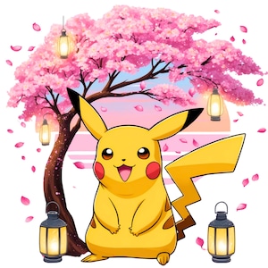 Digital Cute Pikachu Cherry Blossom PNG Design Clipart -commercial use, instant download ,cricut, sublimation, t shirt, mug, bag, kids