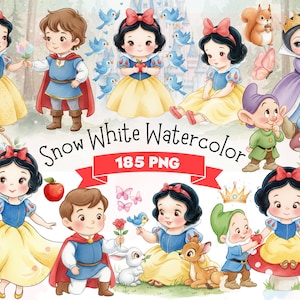 Può includere: Illustrazioni ad acquerello raffiguranti Biancaneve, un principe e creature della foresta. Le immagini mostrano Biancaneve con un vestito giallo, un principe in abito blu e rosso e nani. Il testo "Snow White Watercolor 185 PNG" è visibile.