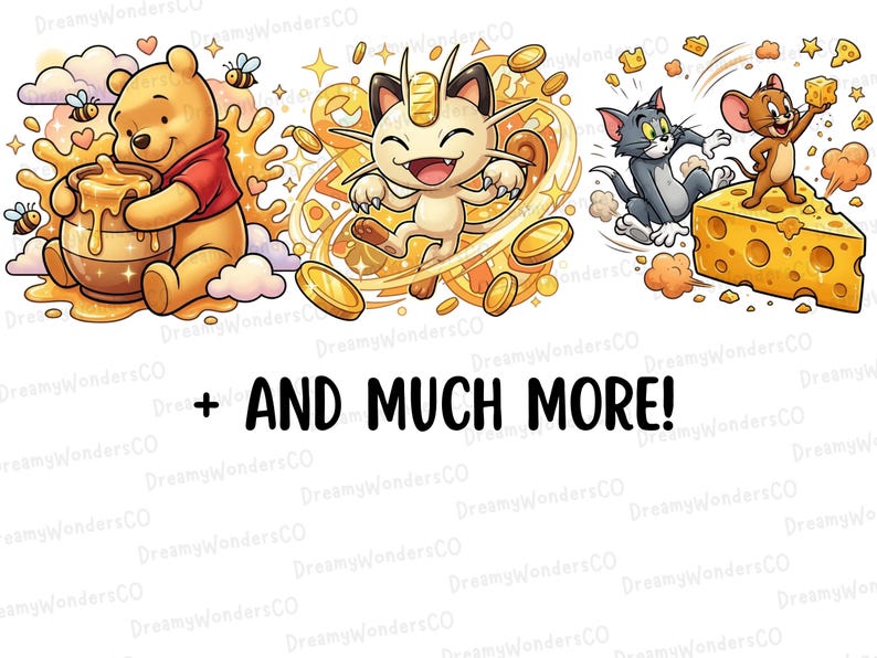 K&ouml;nnte beinhalten: Bunte Illustration mit Winnie Puuh und Honig, Mauzi von Pok&eacute;mon mit M&uuml;nzen und Tom und Jerry mit K&auml;se. Der Text "AND MUCH MORE!" ist ebenfalls enthalten.