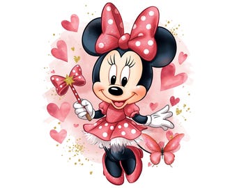Clipart PNG de Minnie Bebé en Acuarela: Diseño de Flores y Mariposas (Uso Comercial)